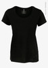 A black women's T-shirt with a round neckline and short sleeves, featuring a logo. Made from organic cotton.
