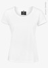 A white women's T-shirt featuring a round neckline and short sleeves, with a brand logo on the label.