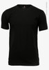 A black organic cotton T-shirt with short sleeves and a simple design. Features a logo on the neckline.