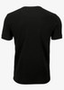 A black t-shirt with short sleeves and a rounded neck, featuring a logo on the back.
