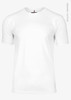 A plain white men's t-shirt made of organic cotton, featuring a logo on the neck.