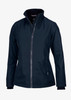 A navy women's jacket with a zip front and a high collar. The jacket has a branding logo.