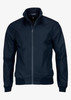 A navy jacket with a zip front, high collar, and ribbed cuffs. It features a logo on the upper left side.
