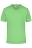 A short-sleeved, v-neck t-shirt in bright green, featuring a logo on the chest.