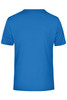 A blue men's T-shirt with a round neck and short sleeves, featuring a logo on the back.