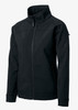 A black soft shell jacket featuring a high collar and a zip front. It has a logo on one sleeve.