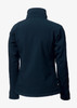 A navy blue soft shell jacket designed for women, featuring a high collar and a fitted silhouette.