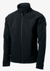 A black soft shell jacket with a high collar and a full zip, featuring a logo on the sleeve.