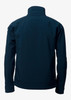 A soft shell jacket in navy blue with a high collar and a sleek, minimalist design. It features a logo.