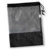 A black drawstring mesh bag with a solid black base, featuring a toggle closure and a logo.