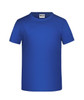 A blue T-shirt with short sleeves and a round neckline, featuring a brand logo.
