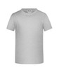 A light grey T-shirt featuring a round neckline and short sleeves, with a logo on the label.
