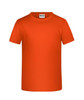An orange T-shirt with a standard crew neck and short sleeves, featuring a logo on the label.