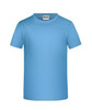 A blue T-shirt featuring a round neckline and short sleeves, with a label in the neck area.