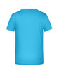A bright turquoise T-shirt featuring a plain back and short sleeves. It has a logo on the back.