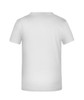 A white T-shirt featuring short sleeves and a simple design, with a logo on the back.