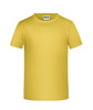 A yellow T-shirt with a crew neckline and short sleeves, featuring a logo branding.