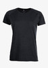 A black women’s T-shirt with a classic crew neckline and short sleeves, featuring a logo.