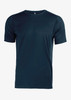 A navy blue men's t-shirt with short sleeves, featuring a smooth fabric and a subtle logo.