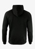 A black hoodie with a front kangaroo pocket and a hood, featuring a logo on the back.