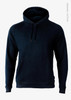 A navy hoodie made from organic cotton, featuring a front pocket and a drawstring hood. It has a logo on the side.