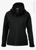 A black women's jacket with a hood, featuring a zip closure and a logo on the chest. Made from recycled polyester.