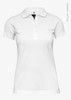 A white women's polo shirt made from organic cotton, featuring a classic collar and buttons, with a logo on the label.