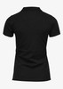A black women's polo shirt with a classic design and a logo on the back. Short sleeves and a collar are featured.