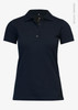 A navy blue women's polo shirt with a classic collar and buttons, featuring a logo on the hem.