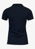 A navy blue women's polo shirt with a classic design and a subtle logo. The shirt features a fitted silhouette.