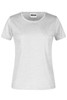 A light grey women's T-shirt with short sleeves and a round neckline. It features a logo on the label.