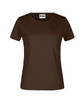 A brown women's t-shirt with short sleeves, featuring a round neckline and a logo on the label.