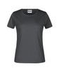 A black short-sleeved women's t-shirt featuring a round neckline and a logo on the label.