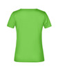 A bright green women's t-shirt with a crew neck and short sleeves, featuring a logo on the back.