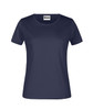 A navy blue women's t-shirt with a round neckline and short sleeves, featuring a brand logo.