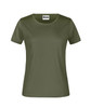 A short-sleeved, fitted T-shirt in olive green with a round neckline and a logo on the label.