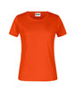 An orange T-shirt with short sleeves and a round neckline, featuring a logo.