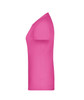 A pink T-shirt displayed from the side, featuring short sleeves and a fitted design. It has a logo on it.