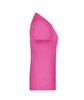 A pink T-shirt featuring a fitted design and short sleeves. It has a logo on it.