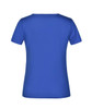 A blue T-shirt featuring a short sleeve design and a back view. It has a logo or branding detail.