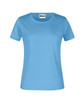 A light blue women's t-shirt with a round neck and short sleeves, featuring a logo.