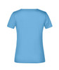 A light blue, short-sleeved T-shirt with a plain back and a logo featured on it.