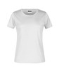 A white women's t-shirt with a round neckline and short sleeves. It features a logo on the label.