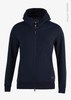 A navy blue women's hoodie jacket with a zip, featuring a hood and a logo. Made from organic cotton.