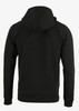 A black hooded jumper with a simple design and a logo on the back.