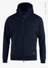 A navy blue zip-up hoodie with a hood, featuring a logo on the front. Made from organic cotton.