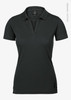 A black women's polo shirt with a V-neck design, featuring a logo and made of organic cotton.