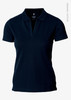 A navy blue women's polo shirt with a V-neck design and a logo on the side. Made from organic cotton.