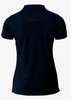 A dark navy V-neck polo shirt for women, featuring a fitted design and short sleeves. It has a logo on the side.
