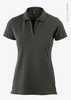A dark grey women's V-neck polo shirt made from organic cotton, featuring a collar and a fitted design.